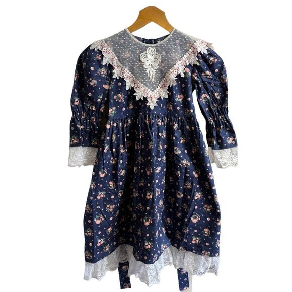 VTG 80s JINELLE Lace Collar Lace Trim Floral Garden Party Dress in Navy SZ 6 - Picture 12 of 12